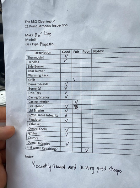Actual 21-point BBQ inspection checklist filled out for a Broil King